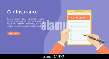 Auto Versicherung auf Zwischenablage mit Händen Startseite Konzept. Online Service für Auto Insurance Quotes violett Webseite mit einem Mann die Hände, Einreichung Car Policy Checkliste Formular auf Zwischenablage Stockfoto