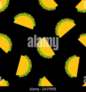 Festliche mexikanischen Taco Essen nahtlose Muster. Leckeres Rindfleisch Fleisch oder Gemüse Tacos mit Salat und Tomate zufällig auf schwarzem Hintergrund bestellt. Illustration für Feier cafe Menü Vorlage Stockfoto