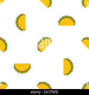 Mexikanischen Taco Dienstag Festival nahtlose Muster. Lecker fastfood gelb Tacos mit Rindfleisch und Huhn, grüner Salat und rote Tomaten auf weißem Hintergrund für Cafe, Restaurant Saison bieten Design Stockfoto