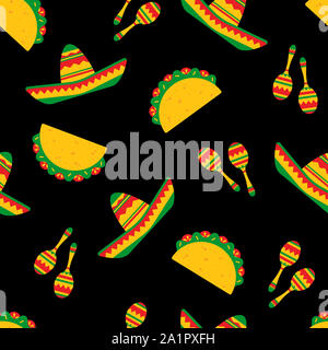 Nationale taco Tag festliche nahtlose Muster. Traditionelle Tacos mit Rindfleisch, Salat und Tomaten, helle Sombreros und mexikanische Maracas zufällig auf schwarzem Hintergrund bestellt. Illustration für Web Banner Stockfoto