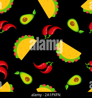 Traditionelle mexikanische Küche Tacos nahtlose Muster. Gruppe von Taco mit Rindfleisch oder Huhn Fleisch, Salat und Tomaten, roten Chili und Avocado grün auf schwarzem Hintergrund für Cafe festival Dekoration Stockfoto