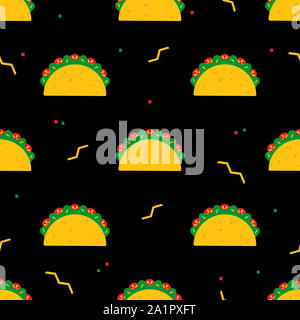 Nationale Taco Essen festliche nahtlose Muster. Mexikanischen fast food Tacos mit Rindfleisch oder Hühnerfleisch, grüner Salat und rote Tomaten gleichmäßig auf schwarzen Hintergrund für traditionelle Taco Dienstag Partei bestellt Stockfoto