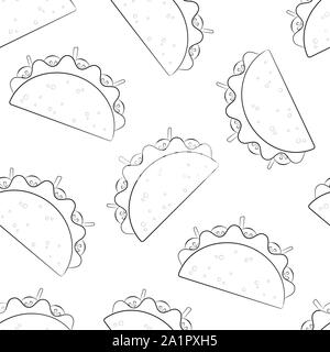 Mexikanischen taco fastfood Silhouette nahtlose Muster. Die traditionelle Gliederung Tacos mit Rindfleisch oder Huhn Fleisch, Salat und Tomaten auf weißem Hintergrund für Cafe Menü, Restaurant Dekoration oder Essen lkw-Design Stockfoto