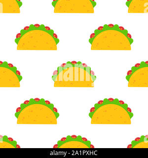 Mexikanischen festival Taco fastfood nahtlose Muster. Köstliche frische Gelb Tacos mit Rindfleisch und Huhn, grüner Salat und rote Tomaten auf weißem Hintergrund für Cafe, Restaurant oder essen Lkw dekoration design Stockfoto