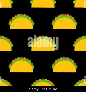 Köstlichen mexikanischen Taco Essen nahtlose Muster. Lecker frisches Rindfleisch Fleisch oder Gemüse Tacos mit Salat und Tomaten gleichmäßig auf schwarzem Hintergrund bestellt. Textur Illustration für nationale Feier Stockfoto