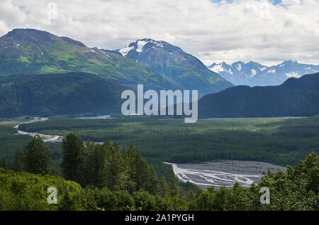 Blick vom Harding Icefield Trail auf den Paradise Creek, der in den Resurrection River mündet. Stockfoto