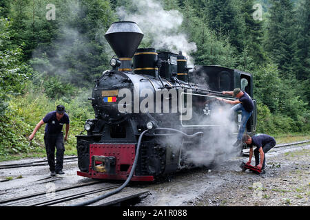 Drei Männer arbeiten auf Lokomotive der alte rumänische Dampfzug von resita Corporation in Viseu Tal, Rumänien Stockfoto