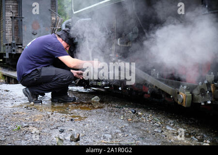 Mann in Dampf Arbeiten am Motor auf alte rumänische Dampfzug von resita Corporation. Stockfoto