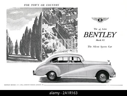 Anzeige für die Sportwagen Bentley Mark VI, 1951. Die Mark VI 4-Tür Standard Steel Sports Saloon war nach dem Ersten Weltkrieg Luxus Autos von Bentley. Es war auch das erste Auto von Rolls-Royce mit allen - Stahl Karosserien und der erste komplette Auto montiert und fertig an ihrem Werk. Stockfoto