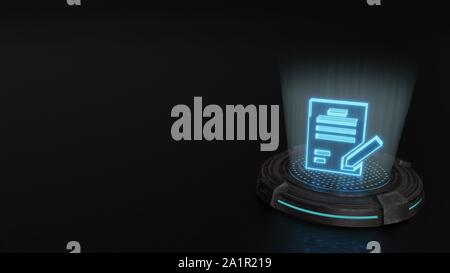 Blaue Streifen digitale Laser 3D-Hologramm symbol Papier Vertrag mit pen Rendern auf alte Metall sci-fi Pad Hintergrund Stockfoto