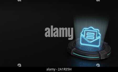 Blaue Streifen digitale Laser 3D-Hologramm Symbol der Umschlag öffnen mit Dokument innerhalb Rendern auf alte Metall sci-fi Pad Hintergrund Stockfoto