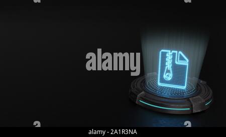 Blaue Streifen digitale Laser 3D-Hologramm Symbol für Papier mit geknickten Ecke und zip Rendern auf alte Metall sci-fi Pad Hintergrund Stockfoto