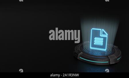 Blaue Streifen digitale Laser 3D-Hologramm Symbol für Papier mit geknickten Ecke und Text rendern auf alte Metall sci-fi Pad Hintergrund Stockfoto