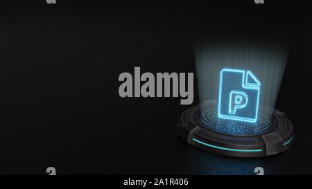 Blaue Streifen digitale Laser 3D-Hologramm Symbol für Papier mit geknickten Ecke und p schreiben Rendern auf alte Metall sci-fi Pad Hintergrund Stockfoto