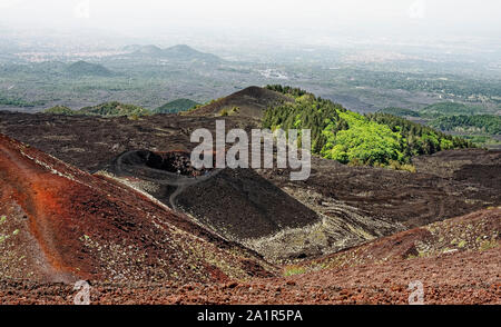 Der Ätna, Europas größter aktiver Vulkan; Natur, Zerstörung, Vernichtung, Seite Kegel, fernen Dunst, Lava, grünes Wachstum, Catania, Sizilien, Italien; s Stockfoto