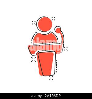 Öffentliche rede Symbol im Comic-stil. Podium Konferenz vektor Cartoon Illustration auf weißem Hintergrund isoliert. Tribüne Debatte Geschäftskonzept splash Stock Vektor