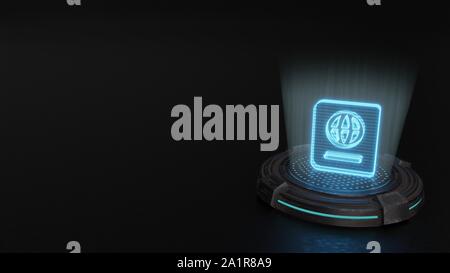 Blaue Streifen digitale Laser 3D-Hologramm Symbol der Reisepass mit Kugel oben Rendern auf alte Metall sci-fi Pad Hintergrund Stockfoto