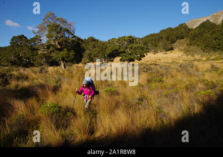 Thai weibliche Backpacker. Te Araroa Trail. South Island. Neuseeland Stockfoto