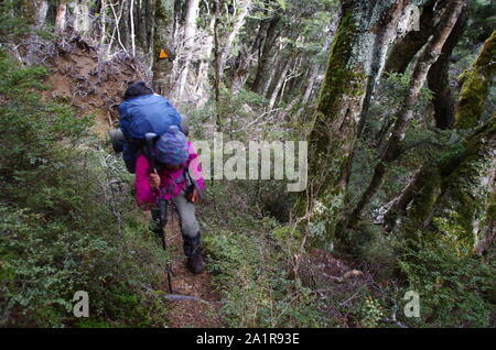 Thai weibliche Backpacker. Te Araroa Trail. South Island. Neuseeland Stockfoto