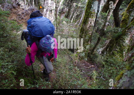 Thai weibliche Backpacker. Te Araroa Trail. South Island. Neuseeland Stockfoto