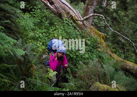 Thai weibliche Backpacker. Te Araroa Trail. South Island. Neuseeland Stockfoto