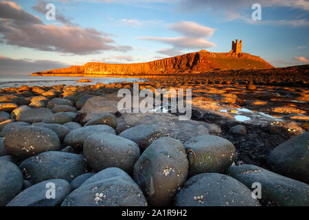 In der Nähe von Boulder Feld mit Dunstanburgh Castle im Hintergrund an einem warmen sonnigen Abend. Northumberland, England, Vereinigtes Königreich. Stockfoto