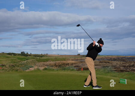 KINGSBARNS, Schottland. 28. SEPTEMBER 2019: Shane Warne während der dritten Runde der Alfred Dunhill Links Championship, europäische Tour Golf Turnier bei Kingsbarns, Schottland Stockfoto