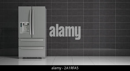 Der Kühlschrank in der Küche. Seite an Seite Edelstahl Kühlschrank auf schwarzem Hintergrund der keramischen Fliese. 3D-Darstellung Stockfoto