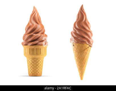 Eis in Schokolade Glasur Waffel Kegel isoliert auf Weiss. 3D-Darstellung Stockfoto