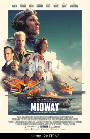 RELEASE DATE: November 8, 2019 Title: Midway Studio: SUNFILM Entertainment Regie: Roland Emmerich PLOT: Die Geschichte von der Schlacht um Midway, die ihm die Führer und die Matrosen, die es bekämpft. In den Hauptrollen: Poster Art (Credit Bild: © lionsgate/Entertainment Bilder) Stockfoto