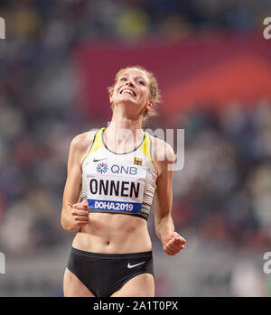 Doha, Katar. 27 Sep, 2019. Jubel Imke ONNEN (Deutschland) Hochsprung Qualifikation Frauen, 27.09.2019 Leichtathletik WM 2019 in Doha/Katar, vom 27.09. - 10.10.2019. | Verwendung der weltweiten Kredit: dpa/Alamy leben Nachrichten Stockfoto