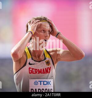 Doha, Katar. 27 Sep, 2019. Sam PARSONS (Deutschland) am Ende, Geste, Gestik. 5000 m der Männer, Runde 1, am 27.09.2019 Leichtathletik WM 2019 in Doha/Katar, vom 27.09. - 10.10.2019. | Verwendung der weltweiten Kredit: dpa/Alamy leben Nachrichten Stockfoto