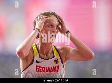 Doha, Katar. 27 Sep, 2019. Sam PARSONS (Deutschland) am Ende, Geste, Gestik. 5000 m der Männer, Runde 1, am 27.09.2019 Leichtathletik WM 2019 in Doha/Katar, vom 27.09. - 10.10.2019. | Verwendung der weltweiten Kredit: dpa/Alamy leben Nachrichten Stockfoto