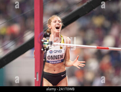 Doha, Katar. 27 Sep, 2019. Jubel Imke ONNEN (Deutschland) Hochsprung Qualifikation Frauen, 27.09.2019 Leichtathletik WM 2019 in Doha/Katar, vom 27.09. - 10.10.2019. | Verwendung der weltweiten Kredit: dpa/Alamy leben Nachrichten Stockfoto