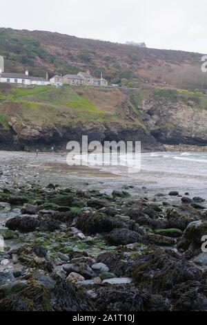 Trevaunance Point Cottages, hl. Agnes an einem bewölkten Frühling. Nordküste von Cornwall, UK. Stockfoto