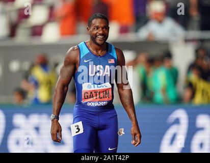 Doha, Katar. 28 Sep, 2019. Justin Gatlin der Vereinigten Staaten konkurrieren in den 100 Meter für Männer während des 17. IAAF Leichtathletik WM in der Khalifa Stadion in Doha, Katar. Ulrik Pedersen/CSM/Alamy leben Nachrichten Stockfoto