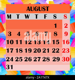 Kalender design Monat August 2020. Jahr 2020 Kalender. Farbenfrohes Design für Kalender 2020. Kalender für Organisation und Business. Woche beginnt am Montag. Abbildung. Stockfoto