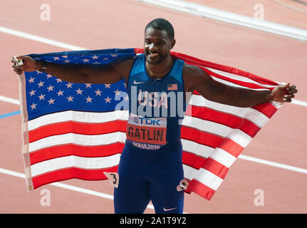 Doha, Katar. 28 Sep, 2019. Justin Gatlin der Vereinigten Staaten feiert nach den Herren 100 m-Finale bei den 2019 IAAF Weltmeisterschaften in Doha, Katar, Sept. 28, 2019. Credit: Wang Jingqiang/Xinhua/Alamy leben Nachrichten Stockfoto