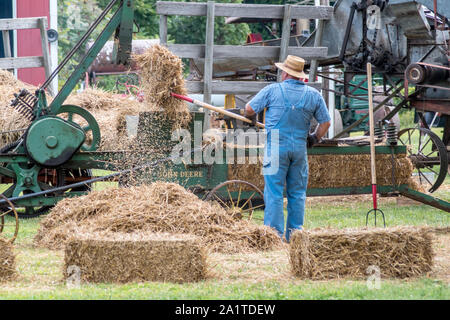 Hesston IN USA, 31. August 2019; ein Bauer Feeds eine Maschine mit frischem Heu, Heu am Hesston steam Show zu machen Stockfoto