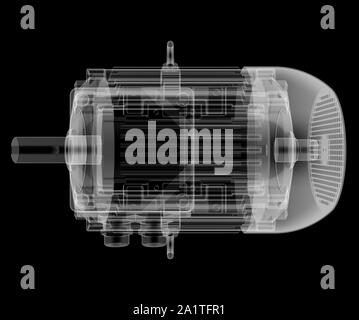 Elektromotor X-Ray-Stil. Auf schwarzem Hintergrund isoliert. 3D-Darstellung Stockfoto