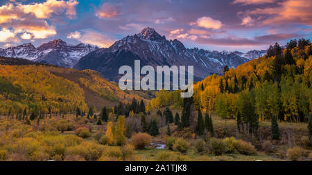 Dawn, Aspen, Willow Sumpf, Mount Sneffels, Dallas Divide, Uncompahgre National Forest, Colorado Stockfoto