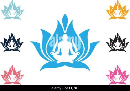 Yoga Logo Vorlage, Lotus flower Logo mit menschlichen Silhouette, Yoga logo Vektor Emblem, Yoga pose Vektor logo Vorlage. Beauty, Wellness, Entspannen, Stock Vektor