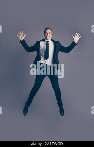 Hurra person Konzept. Vertikale voller Länge Größe Foto Portrait Stockfoto