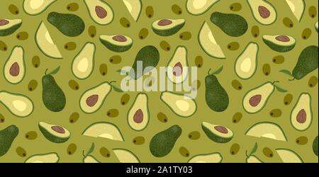Vektor horizontale nahtlose Muster mit Avocado - die Hälfte, Slice, ganz und geschnitten. Cartoon Hand zeichnen flach Abbildung Stock Vektor