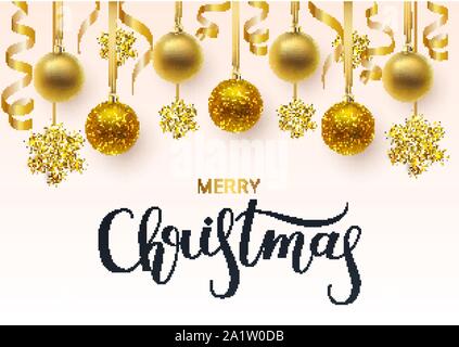 Grußkarte, Einladung mit ein Frohes neues Jahr 2020 und Weihnachten. Metallic Gold und Schneeflocke Weihnachtskugeln, Dekoration, glänzend Konfetti auf einem weißen b Stock Vektor