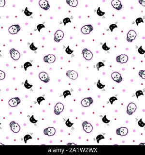 Die nahtlose Vektor Tag der Toten Volkskunst Muster mit Hand gezeichnet Zucker Scull in schwarz-weiß, Katze und Punkt. Lustig und fröhlich Design für Ihre perfekte Party. Stock Vektor