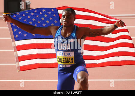 Doha, Katar. 28 Sep, 2019. Christian Coleman (USA) Leichtathletik: Leichtathletik-WM Doha 2019 Männer 100 m-Finale bei Khalifa International Stadium in Doha, Katar. Credit: YUTAKA/LBA SPORT/Alamy leben Nachrichten Stockfoto