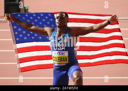 Doha, Katar. 28 Sep, 2019. Christian Coleman (USA) Leichtathletik: Leichtathletik-WM Doha 2019 Männer 100 m-Finale bei Khalifa International Stadium in Doha, Katar. Credit: YUTAKA/LBA SPORT/Alamy leben Nachrichten Stockfoto