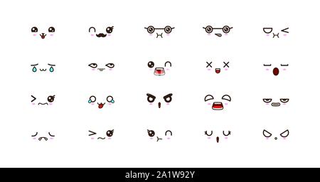 Kawaii icons Gesichter Ausdrücke niedlichen Lächeln Emoticons. Japanische emoji Stock Vektor