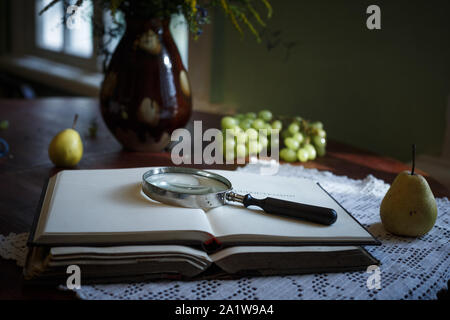 Alte Bücher auf einem Holztisch und Glaslupe. Cute Zusammensetzung mit alten Büchern in schäbigen graue Abdeckung und Die Zustellung der Blumen in einer Schale auf Holz- backgro Stockfoto